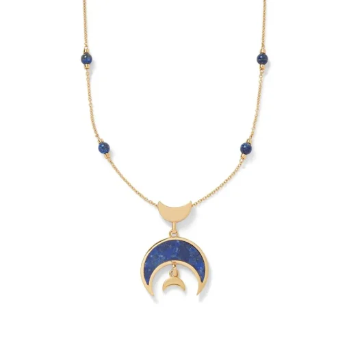 Fatimid Lapis Crescent Long Beaded Chain Pendant Necklace