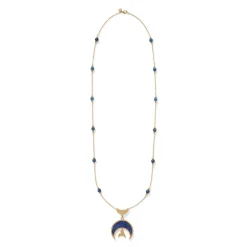 Fatimid Lapis Crescent Long Beaded Chain Pendant Necklace