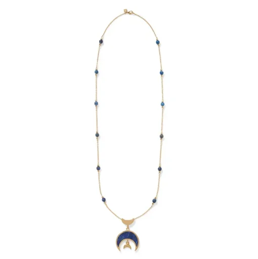 Fatimid Lapis Crescent Long Beaded Chain Pendant Necklace
