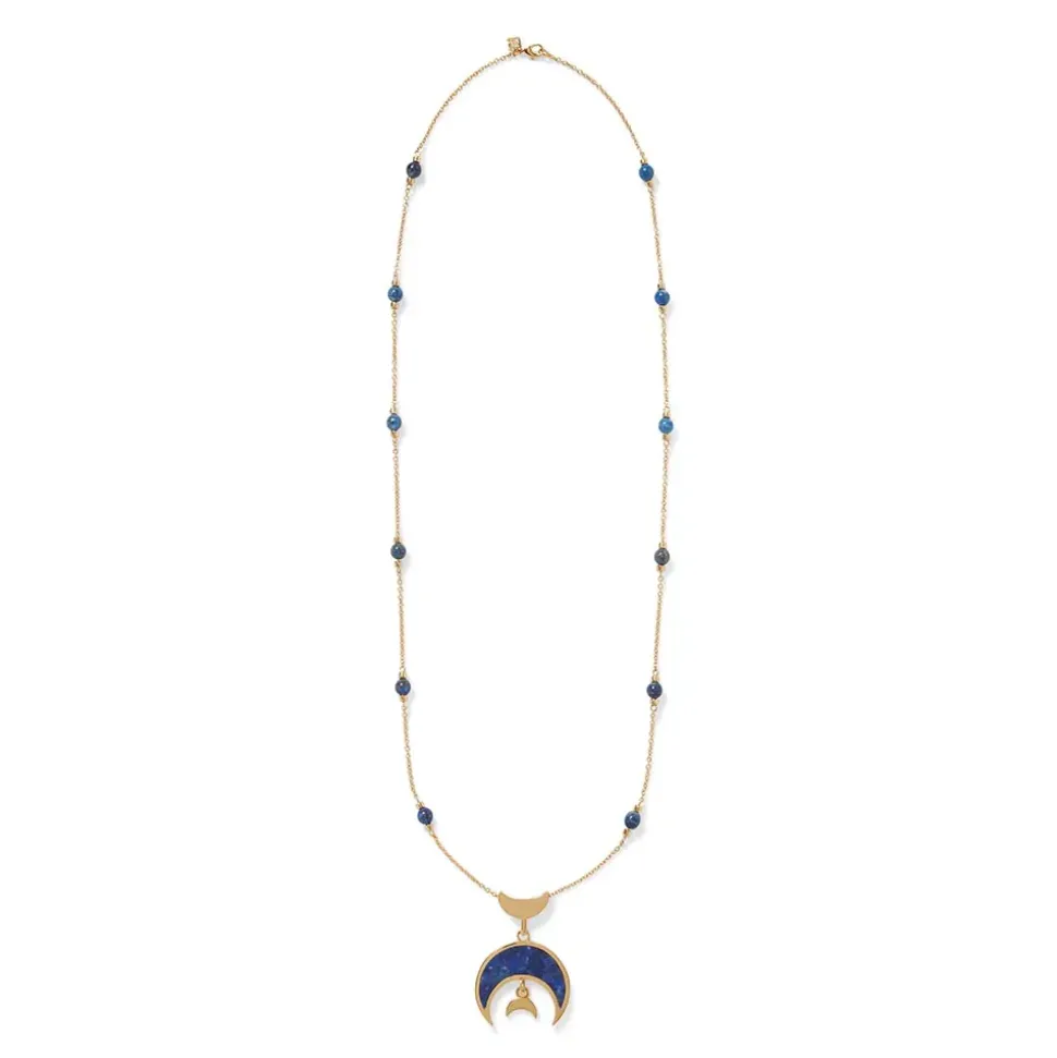 Fatimid Lapis Crescent Long Beaded Chain Pendant Necklace