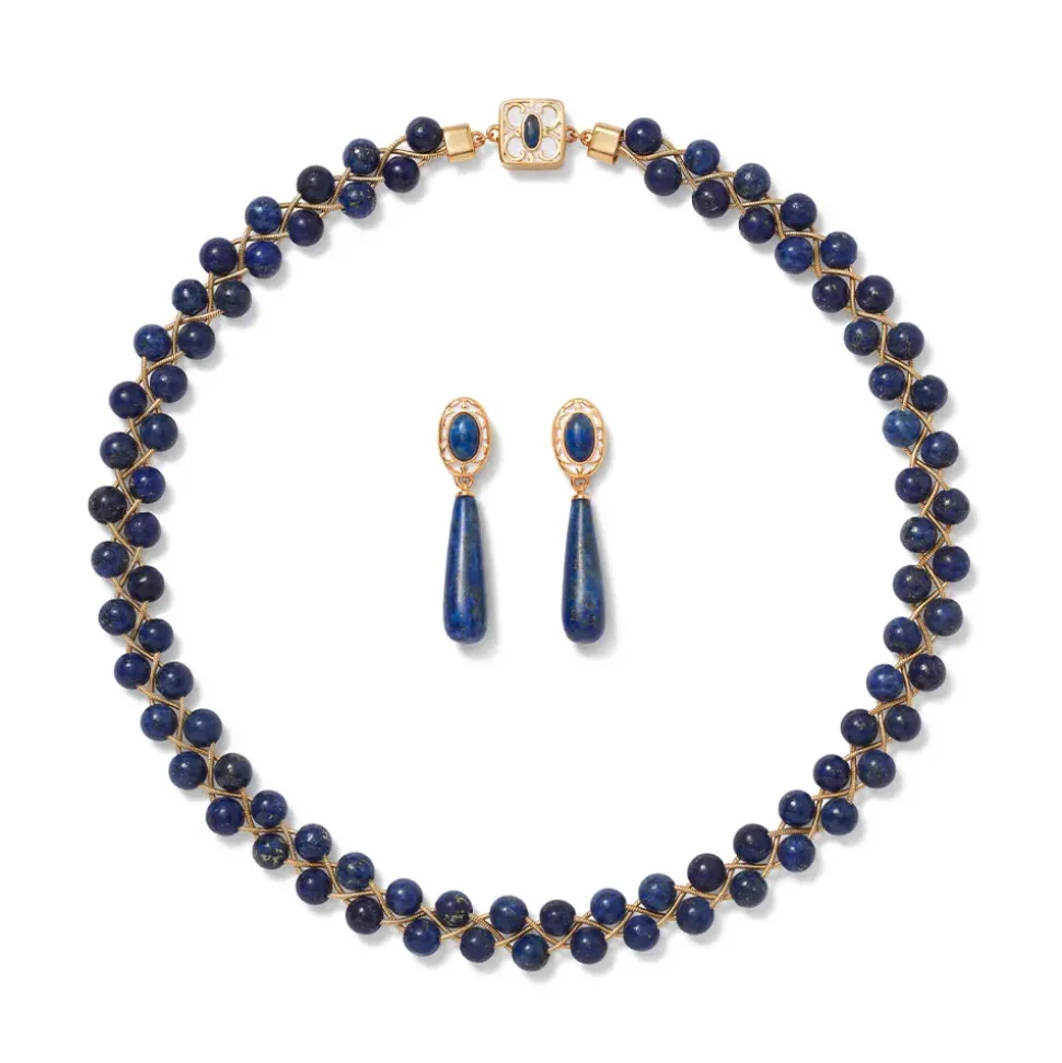 Spanish Baldric Lapis Braided Necklace And Elongated Drop Earrings Set